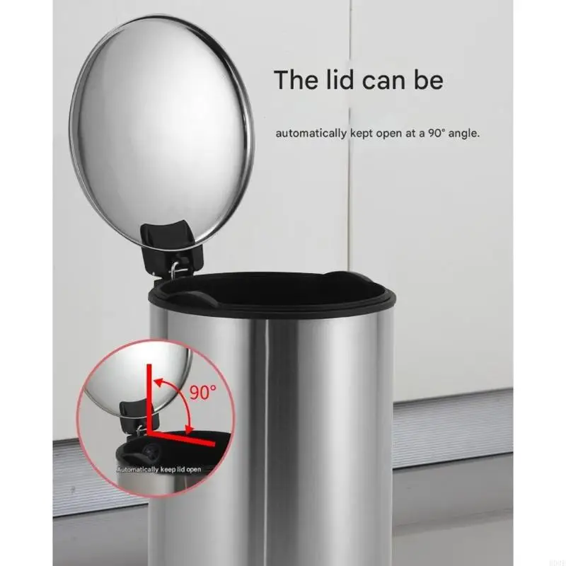 

Foot Pedal Operated Stainless Steel Trash Bin with Slow Close Lid and Lid Stay at 90 Degrees B03E