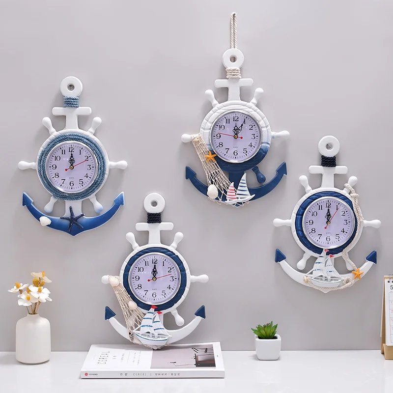 

Nautical Wall Clock Wooden Silent Clocks Marine Anchor Wheel Rudder Steering Living Room Home Decoration Mediterranean Decor