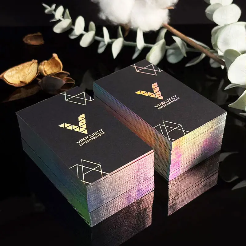 Holographic Foil Custom Business Card Black Card Hollowing Design and Print Black Card Stock Foil Silver Foil Luxurious Rainbow