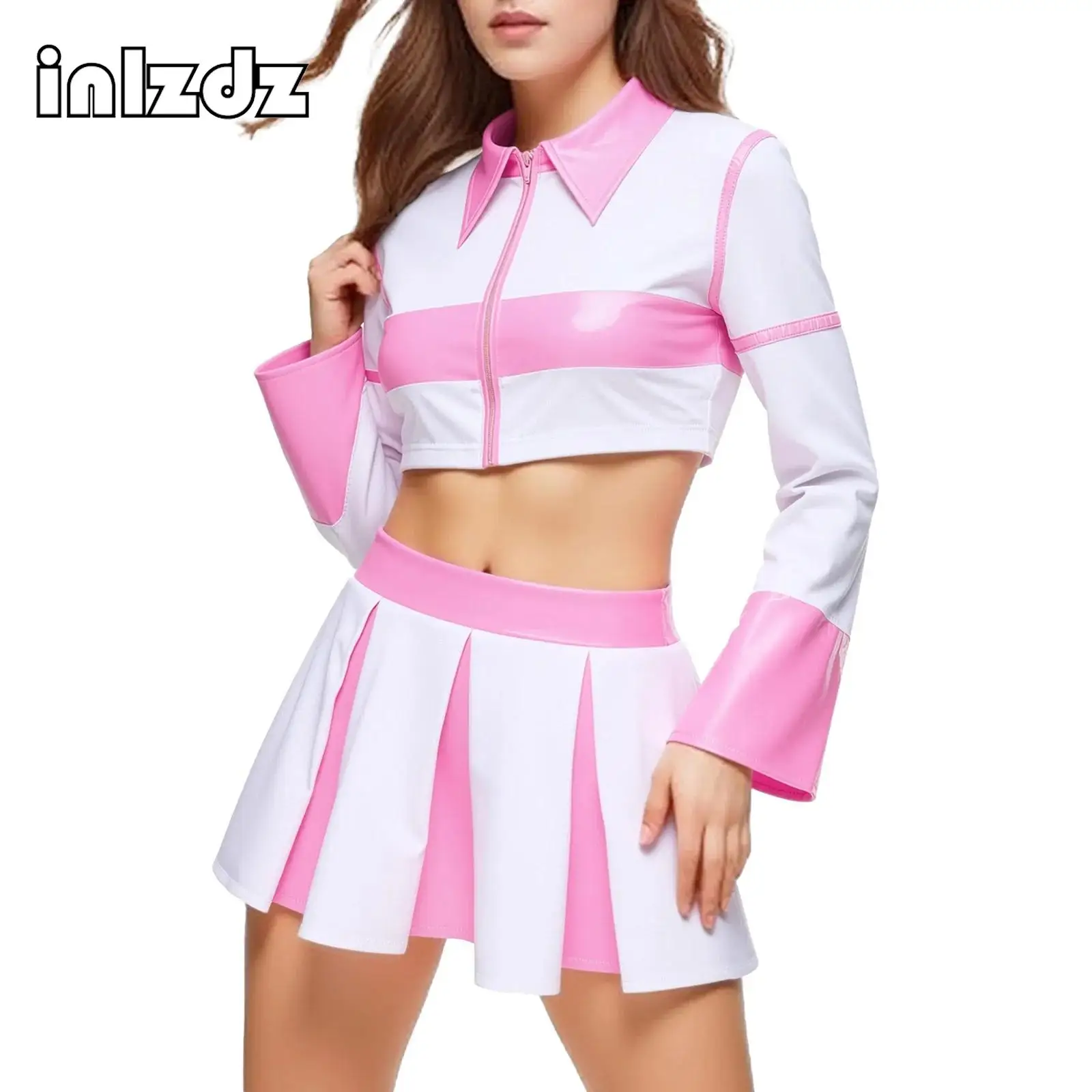 

Womens Anime Cosplay Costume Cheerleading Dance Outfits Flared Long Sleeve Cropped Top And Miniskirt Set for Club Stage Match