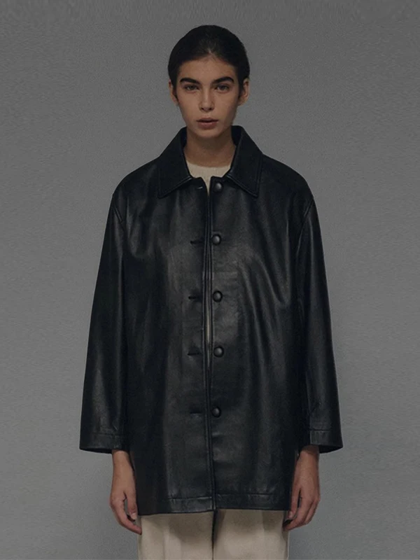 Fashionable Pure Color Flip-Collar Leather Jacket Women's Autumn Winter New Style Versatile Mid-Length Jacket Coat