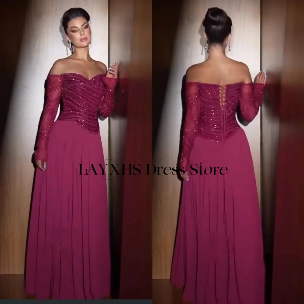 LAYXHS haute qualité exquise perles paillettes robes de soirée hors de l'épaule manches longues plissé robes de bal personnalisé