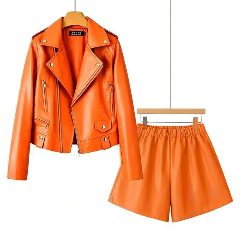 Womens Autumn PU Leather 2-Piece Matching Set Lapel Zipper Motorcycle Biker Jacket Elastic Waist Wide Leg Shorts Casual Outfit