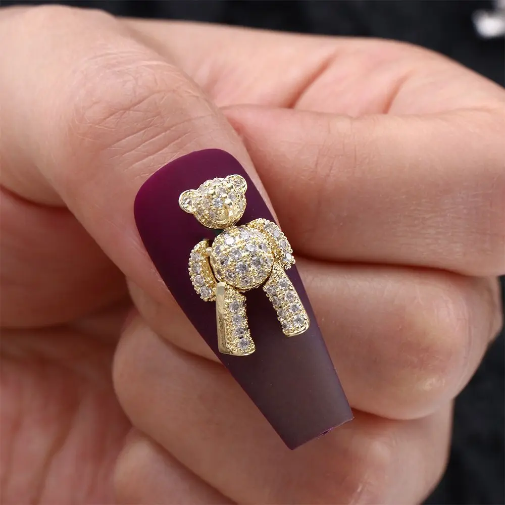 Ouro rosa diy encantos luxo zircões brilhantes decorações da arte do prego manicure 3d strass urso jóias do prego