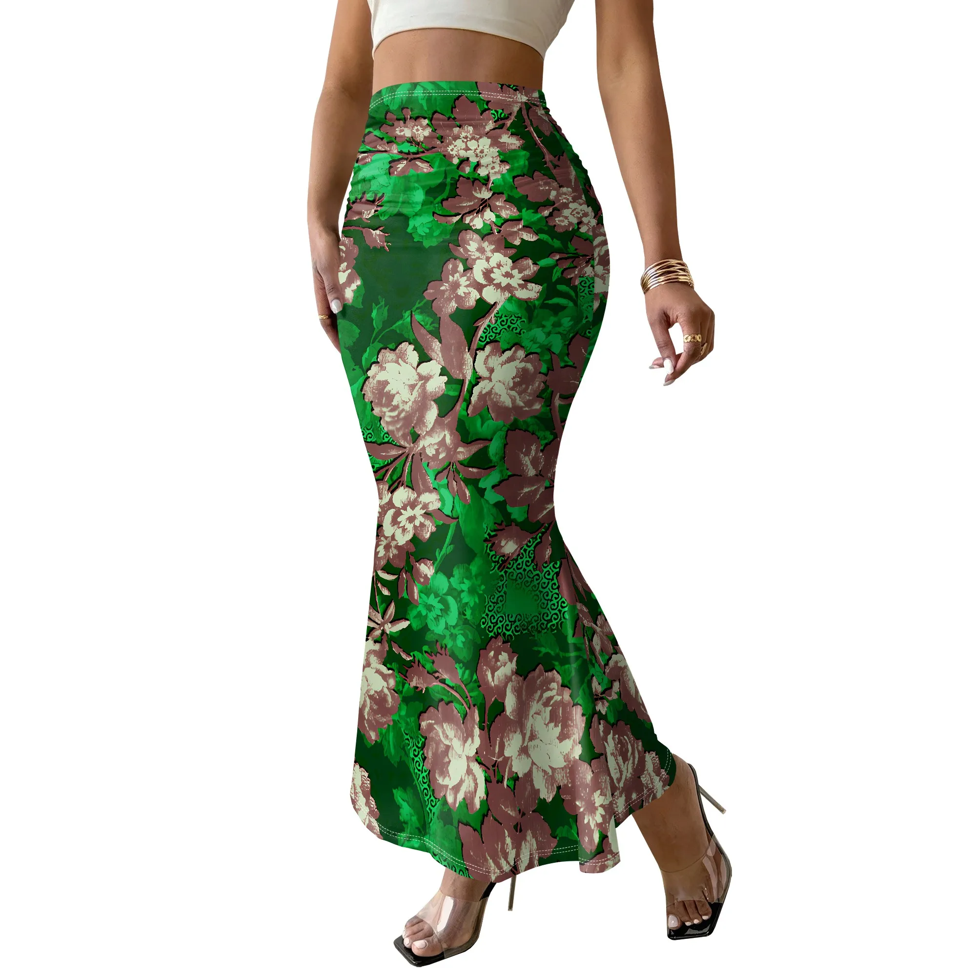 Green Floral Mermaid Skirt, Vintage Print Midi Skirt, High Waist Bodycon Skirt, Summer Beach Party Wear for Women, S-2XL