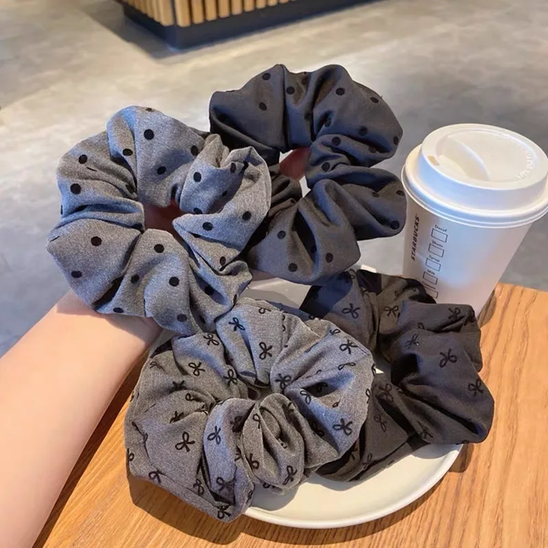 2024 New Polka Dot Hair Ties Rope Women Large Size Heart Bowknot Printed Scrunchies Grey Black Hairband Ponytail Holder Nakrycia głowy