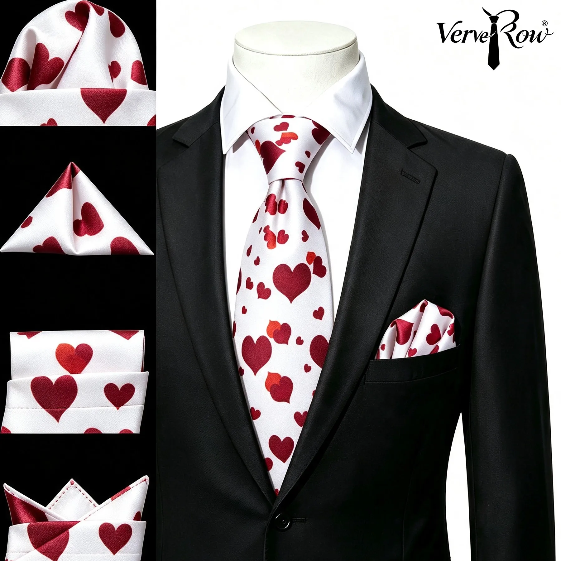 VERVEROW Romantic White Red Heart Tie Handkerchief Set For Men Valentine Party