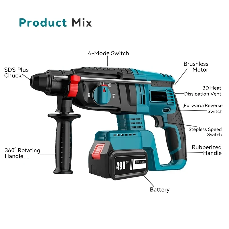 26MM Brushless Electric Hammer Drill Multifunctional Rotary Cordless Rechargeable Power Tools Compatible 18V Battery