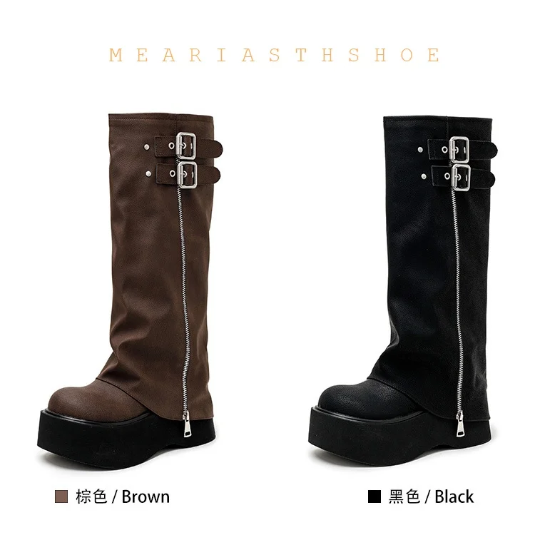 

Retro Wide Tube Boot Women's Personality Small Size Long Boot Thick Bottom Heightening Fat MM Knight Boot PU Material round Toe