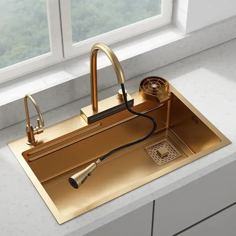 Nano Golden Waterfall Washing Basin Stainless Steel Kitchen Household Large Single Sink New Thickened  주방 싱크대мойка для кухни