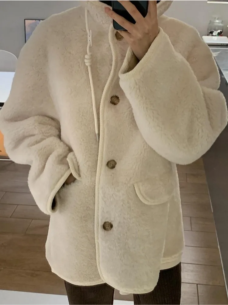 الرجعية Sle زر واحد مقنعين فرو الضأن Jaet المرأة شتاء جديد Faion معطف جلد دافئ متكامل أعلى ربيع الخريف واي...