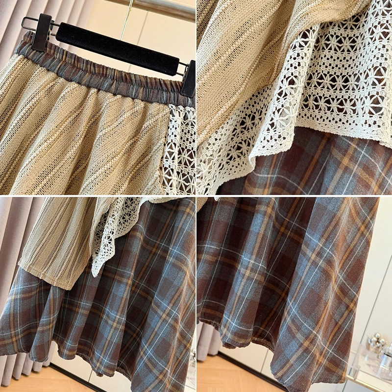 Korean Style plus Size Women's Spring Autumn Plaid  Skirt Irregular Lace Splicing Long Skirt Commute Artistic Embroidery