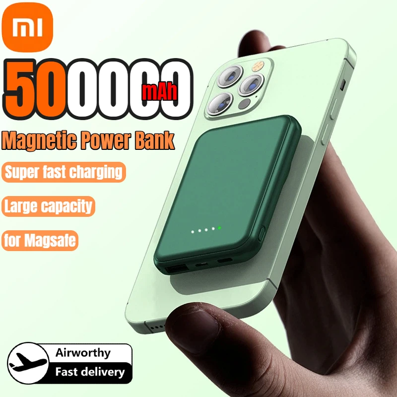 باور بانك مغناطيسي من Xiaomi بقدرة 500000 مللي أمبير في الساعة، شحن سريع للغاية، باور بانك خارجي لاسلكي محمول لهاتف آيفون وهواوي وسامسونج 2025 جديد