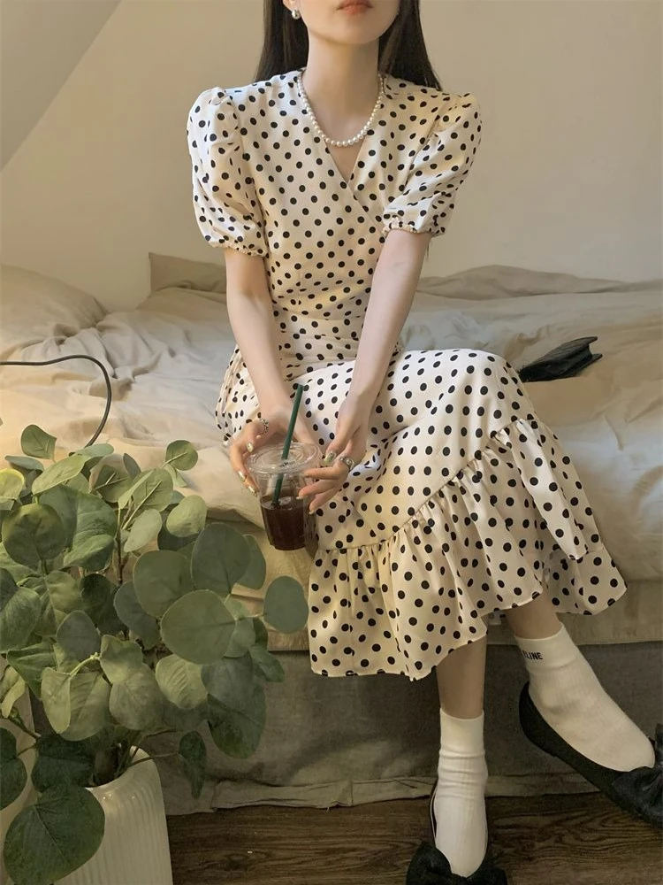 

Unique French Design Polka Dot Two Piece Dress for Women Summer Puff Sleeve Top Mermaid Skirt
