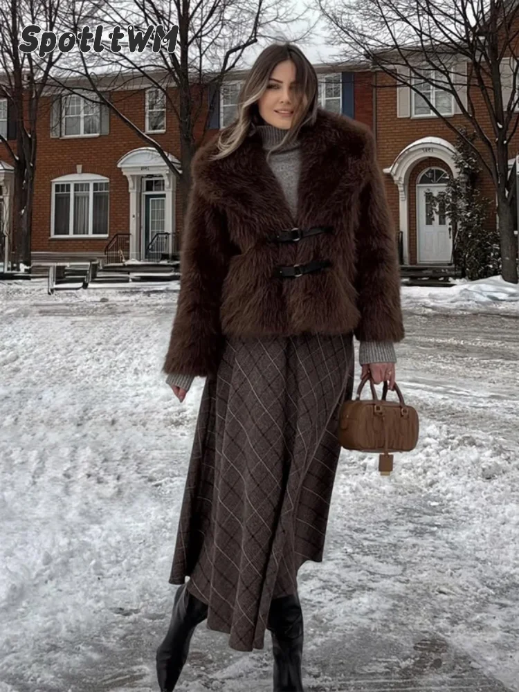 Women Solid Color Cropped Faux Fur Coat Oversized Lapel Long Sleeve Fluffy Warm Luxury Winter Fashion Outerwear For Ladies