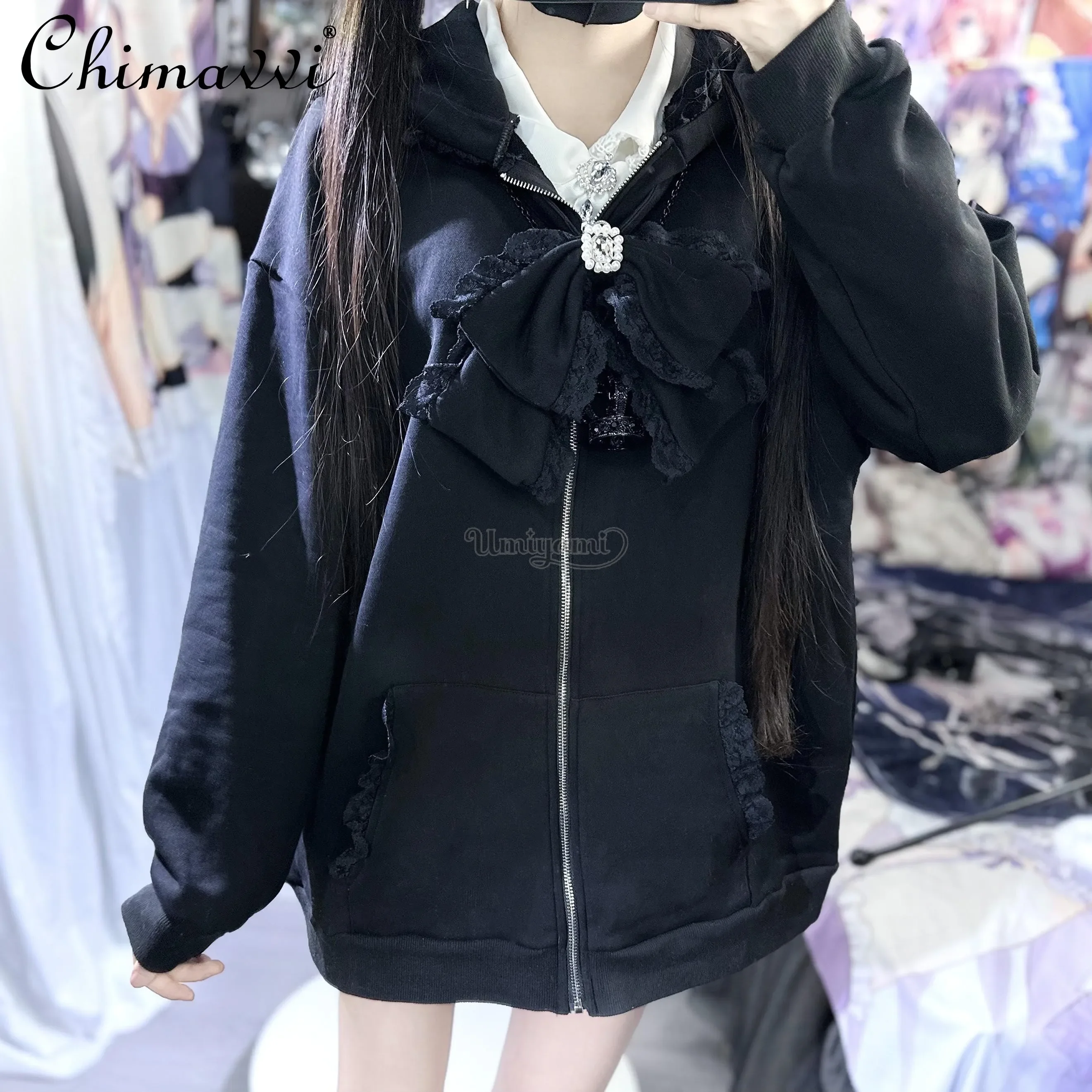 

Sweet Lace Cat Ears Hooded Rhinestone Bow Long Sleeve Thin Jacket Japanese Mass Production Mine Loose Lolita Girl Coat Top