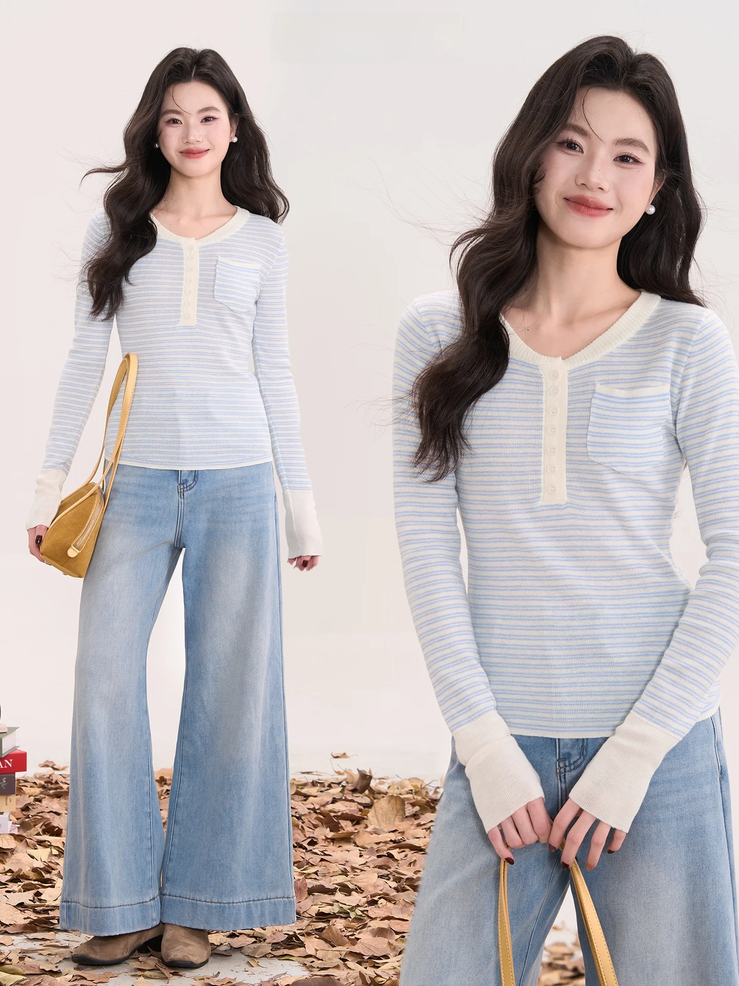 

Женский тонкий вязаный джемпер Heme 6 из шерсти с длинным рукавом, в полоску, с воротником хенли, в корейском стиле, повседневный, приталенный крой