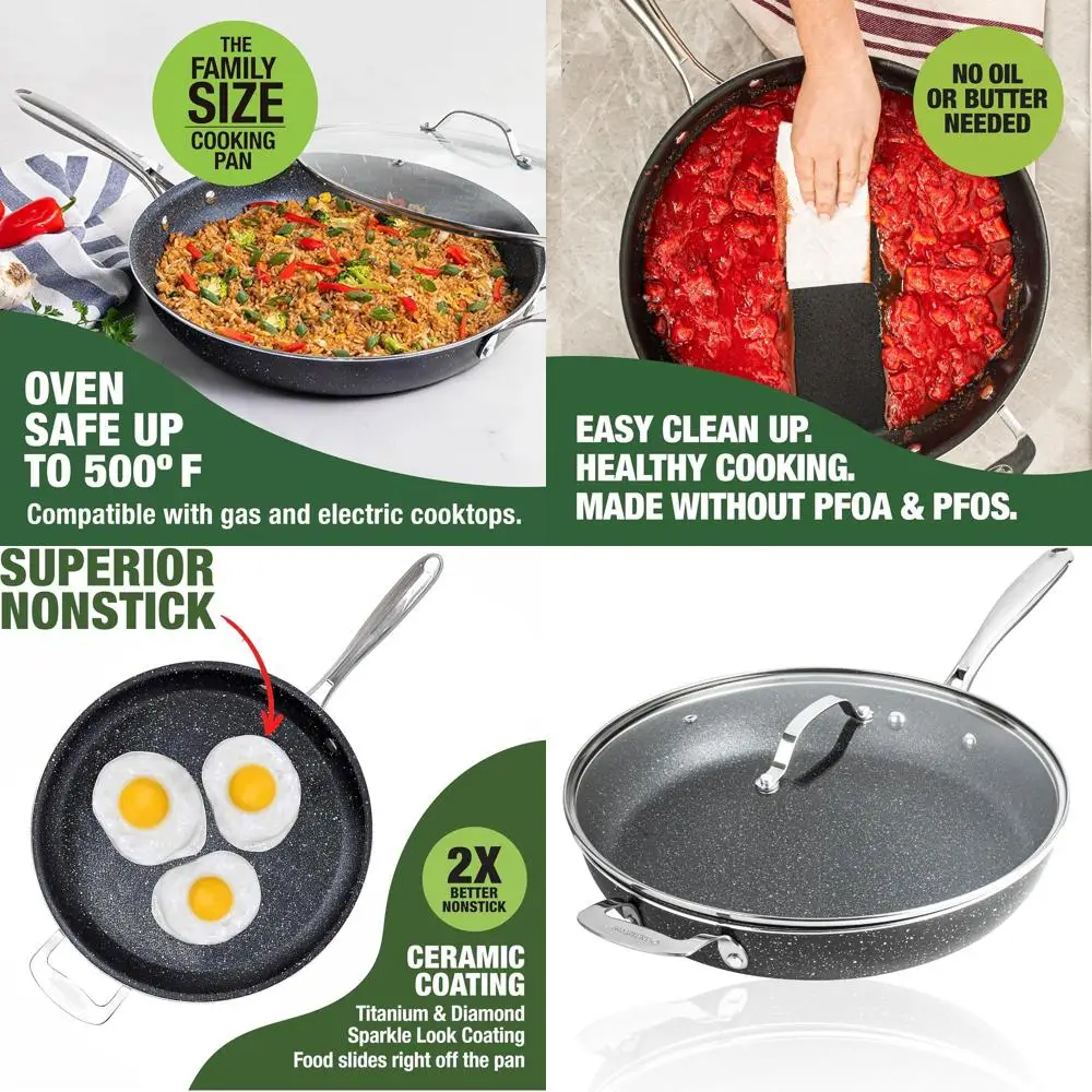 

14 Ceramic Non-Stick Skillet with Lid, Large Oven-Safe Frying Pan, PFOA/PFAS Free, Dishwasher Safe