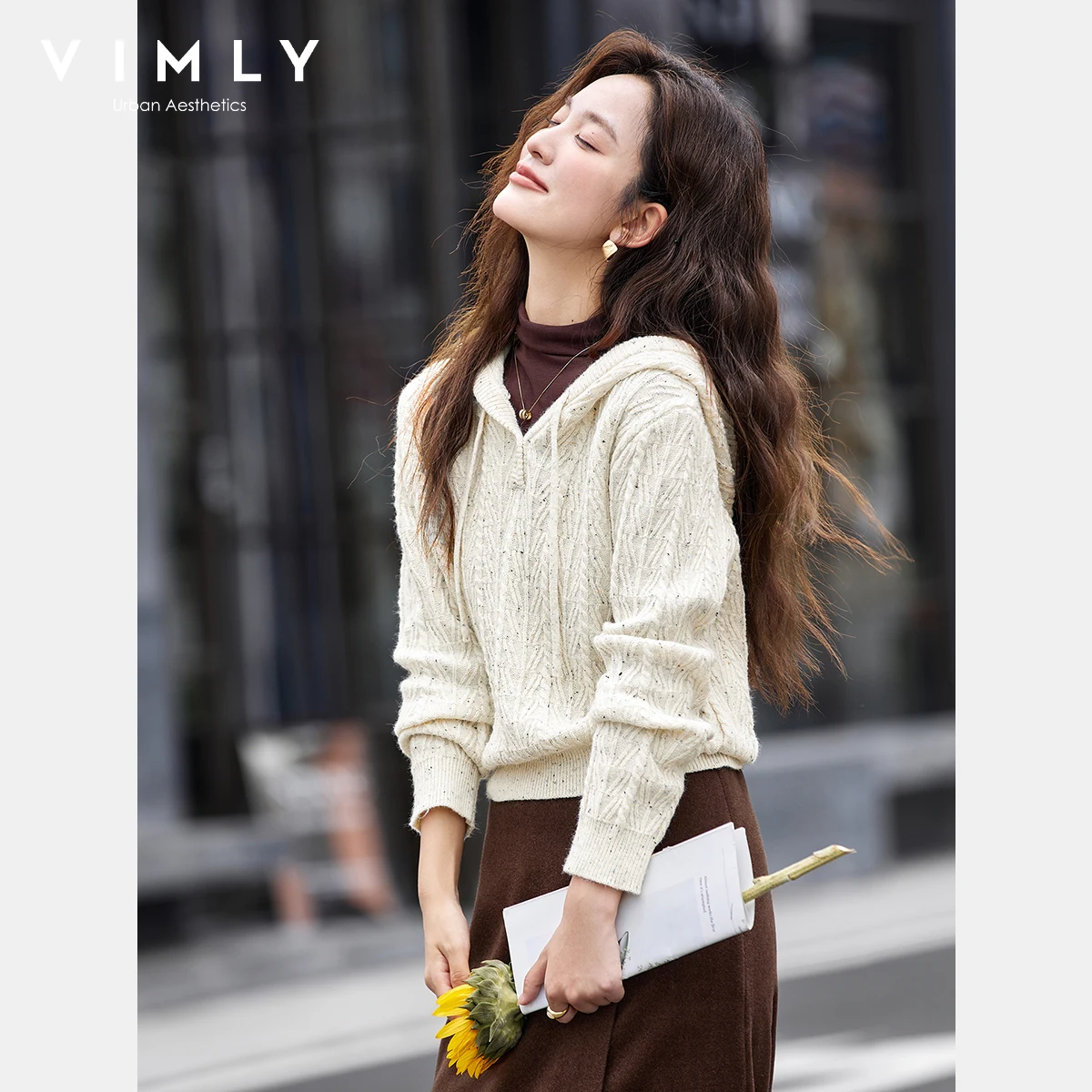 VIMLY Aprikosen-Kapuzenpullover Herbst 2025, neuer lässiger Strickpullover mit Kordelzug, eleganter Langarm-Tops für Damen 75090