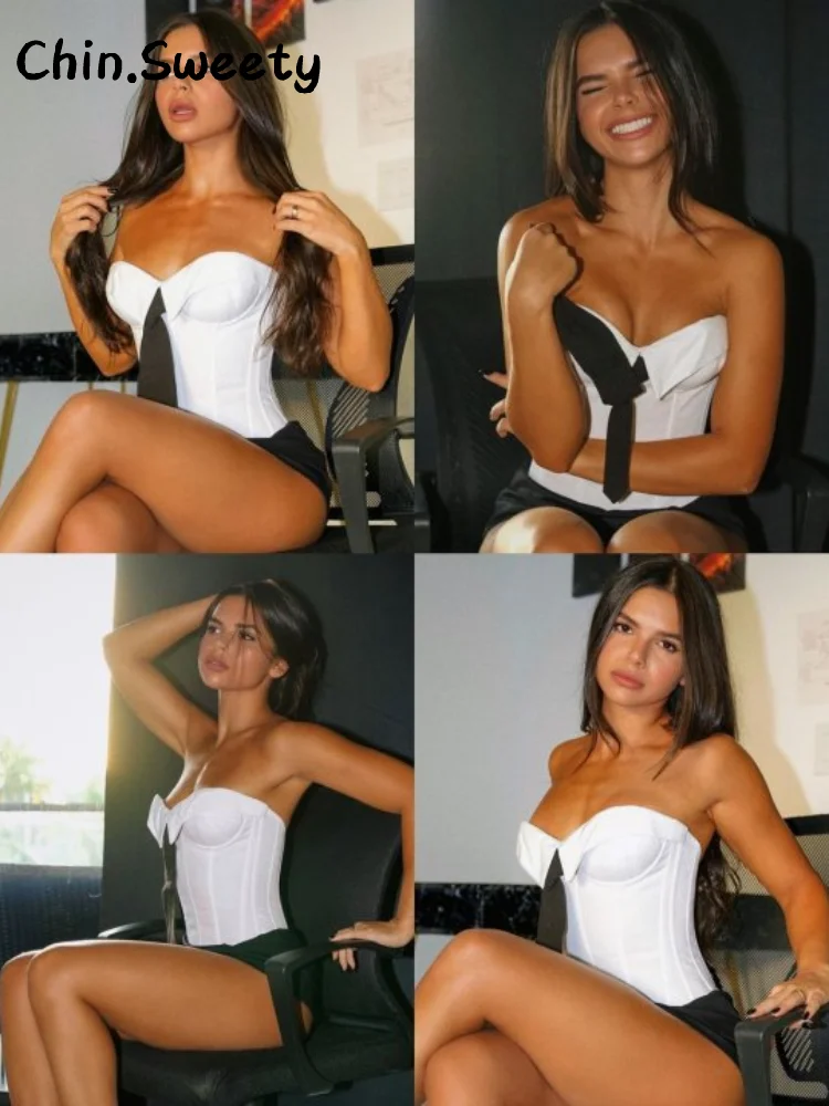 

Sexy Tie Contrast Color Fishbone Corset Vests Women Strapless Sleeveless Backless Slim Tops 2025 Summer Lady Chic All-match Vest