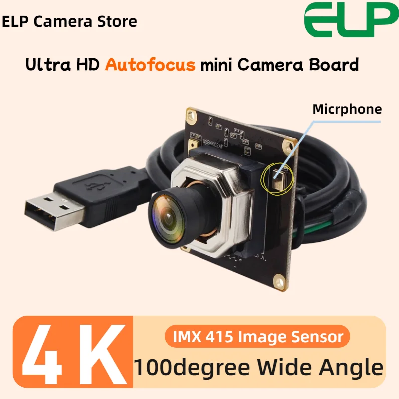 ELP 4K Ultra HD Mini PC Webcam 100° Wide Angle Autofocus IMX415 USB Camera Module with Dual Microphone for Android Linux Windows