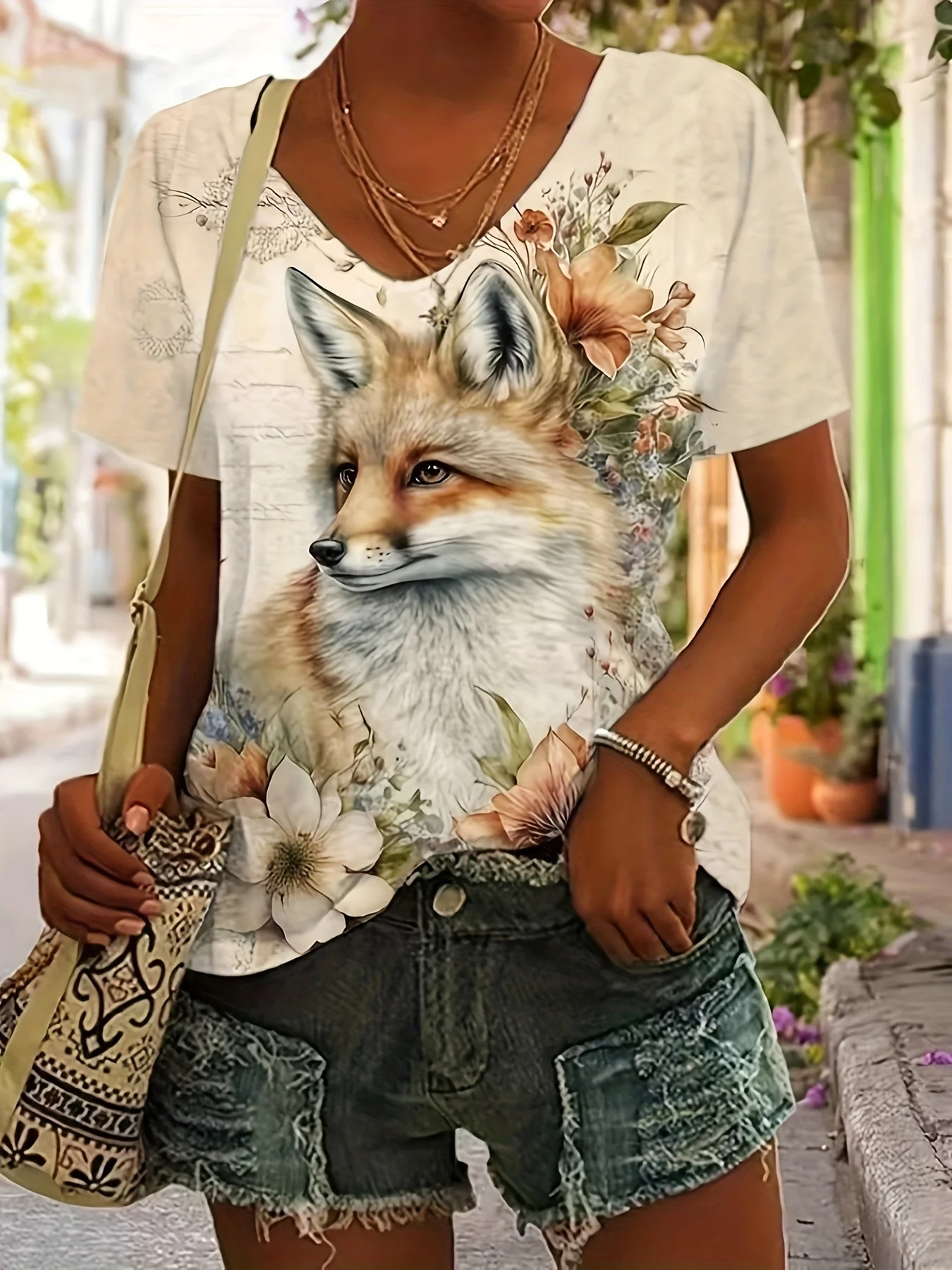 Women V Neck Short Sleeve T-Shirt Vintage Fox Floral Print Letter Background Casual Summer Tops