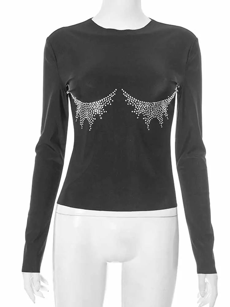 BKQU Strass Sexy Slanke Lange Mouw T-Shirt Vrouwen Basic Ronde Hals Cropped Tops 2025, Herfst Elegante Club Party Kleding Tees