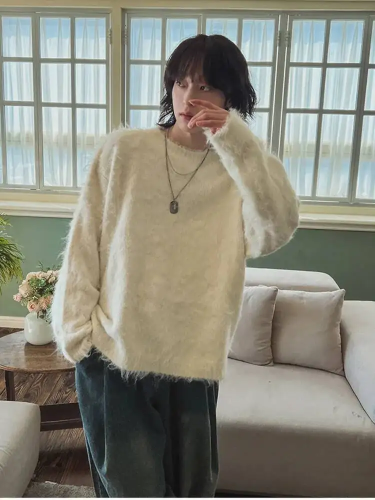 

Мужские мягкие пуловеры в корейском стиле, однотонные повседневные мужские пуловеры с круглым вырезом, свободные универсальные мужские топы, зима 2025