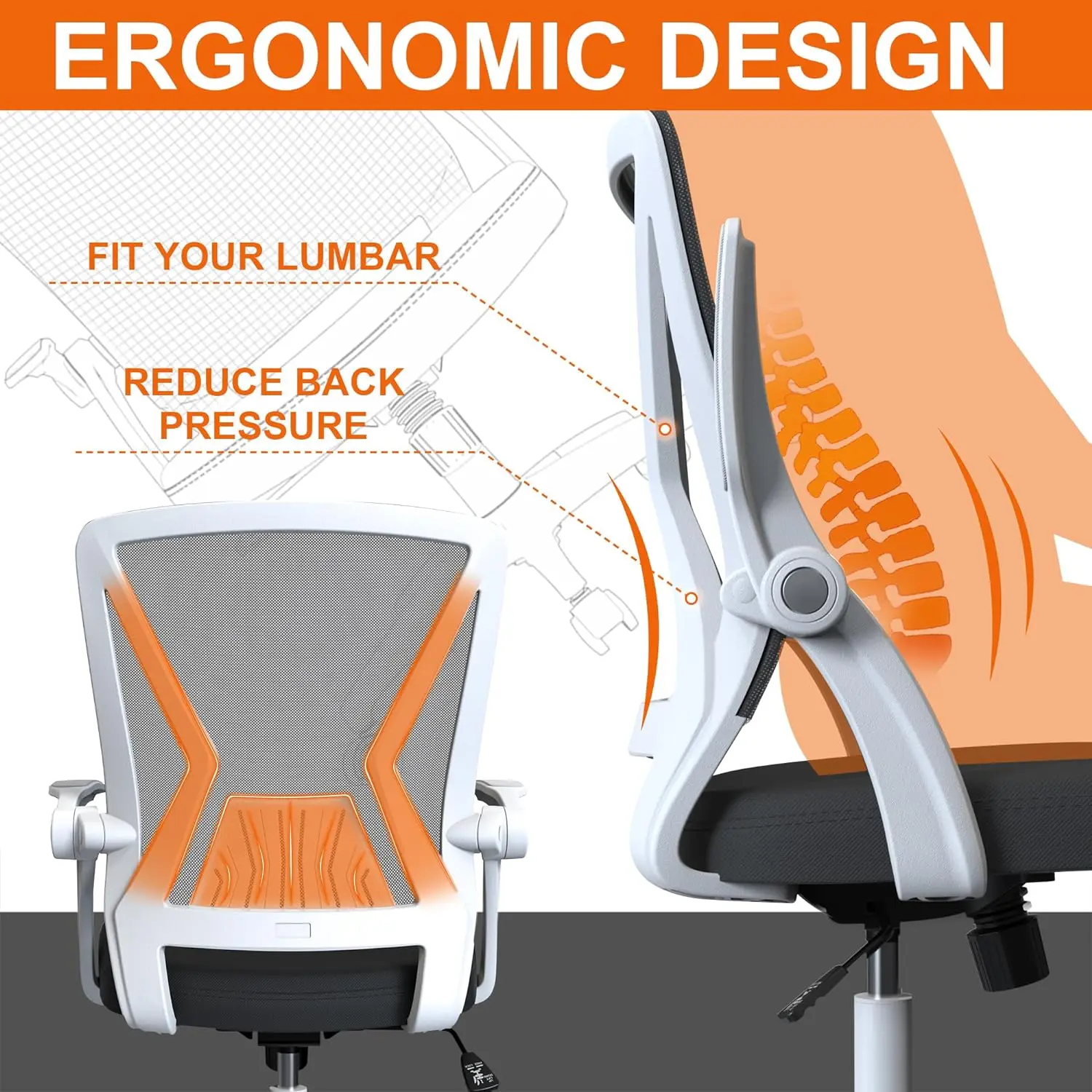 Mesh Office Chair Ergonomic Mid Back Swivel Black Mesh Desk Chair Flip Up Arms with Lumbar Support Computer Chair Adjusta