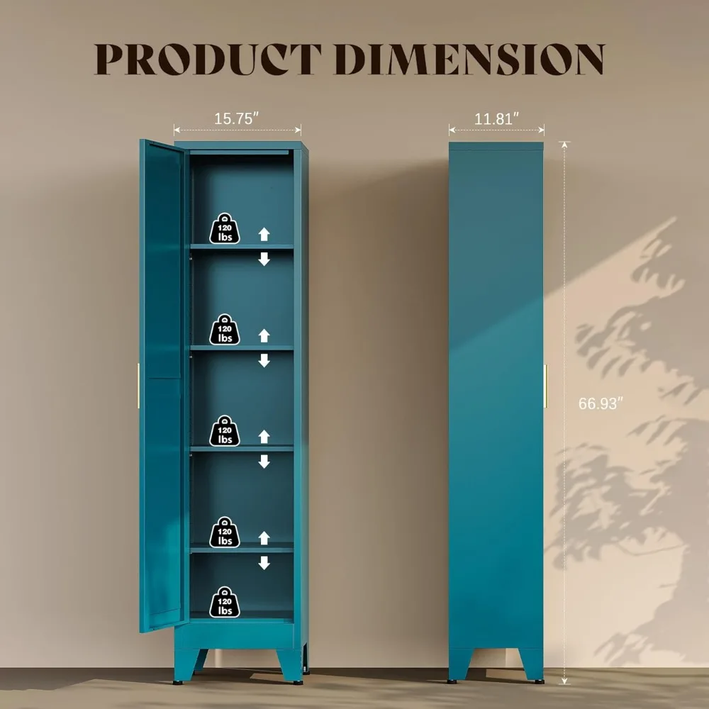67“H Blue Narrow Kitchen Cabinet, Metal Skinny Pantry Storage Cabinet,Tall Narrow Bathroom Storage Cabinet with Adjustable Shelv