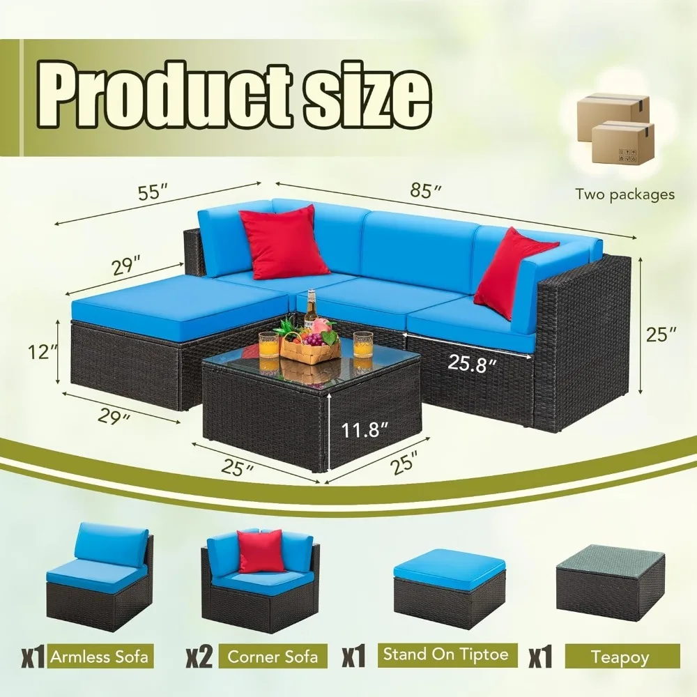 Wicker Rattan Outdoor Móveis, Pátio Conversa Set, Sofá com Almofadas, Travesseiros e Mesa de Vidro, varanda e gramado, 5 PCs