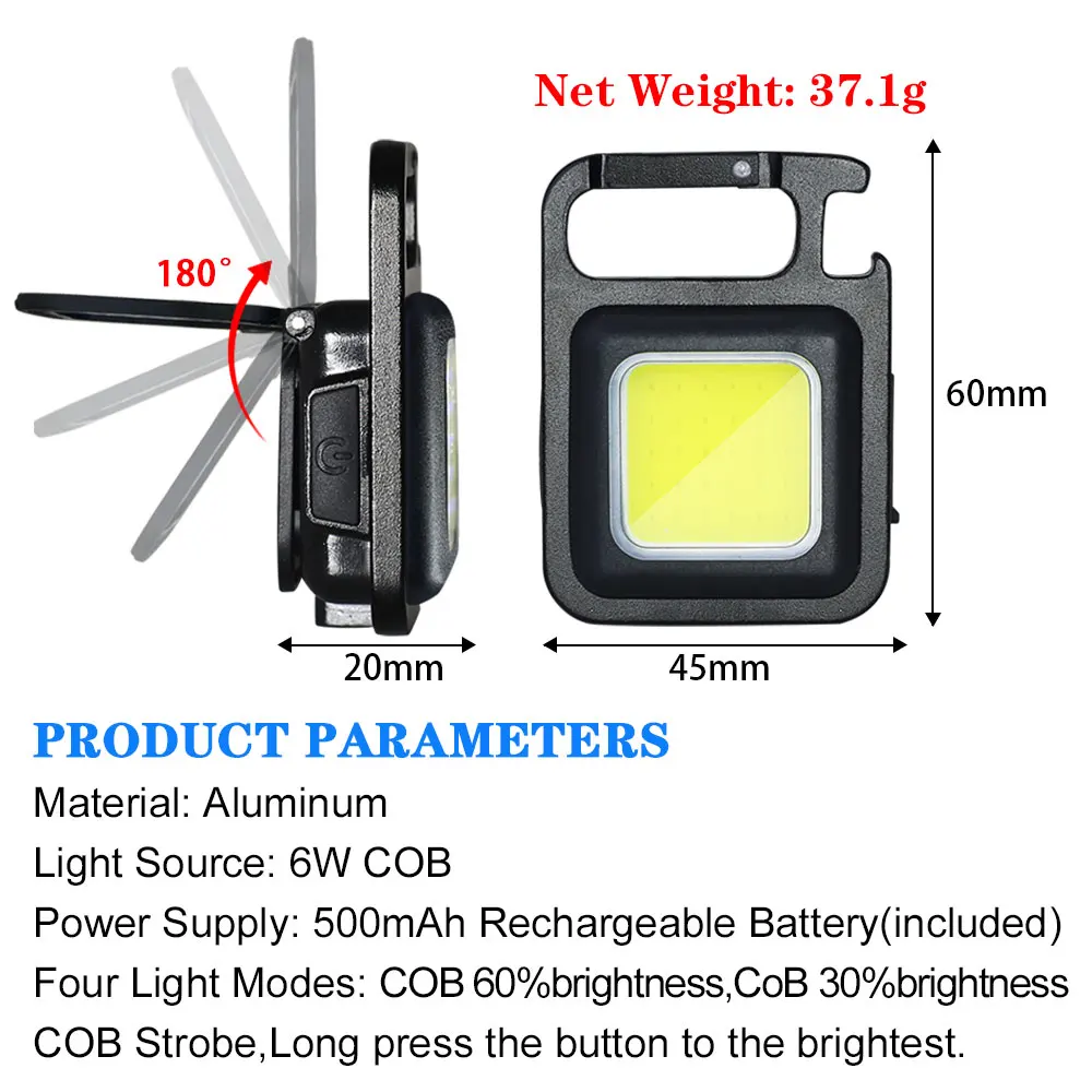 Mini LED Keychain Light Mutifuction Portable Pocket Flashlight Work Light USB Rechargeable With Corkscrew Outdoor Camping Light