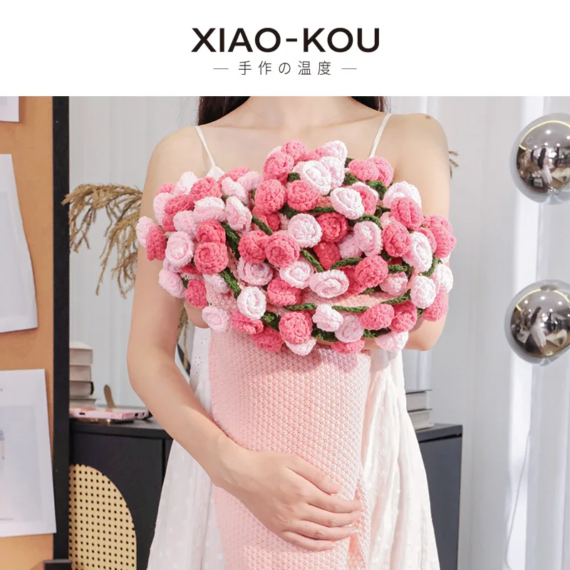 XIAO-KOU Pink Gradient Soft Finished Handmade Crochet Rose Bouquet Decorative Blanket Nap Shawl Gift For Festival