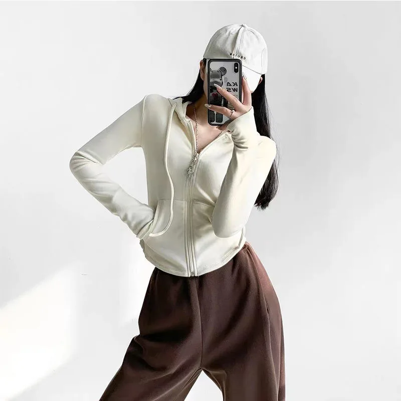 Women'S Fleece American Retro Hooded Zip Up Sweatshirt Jacket For Women Spring Autumn Slim Fit Casual Flattering Long Sleeve Sho