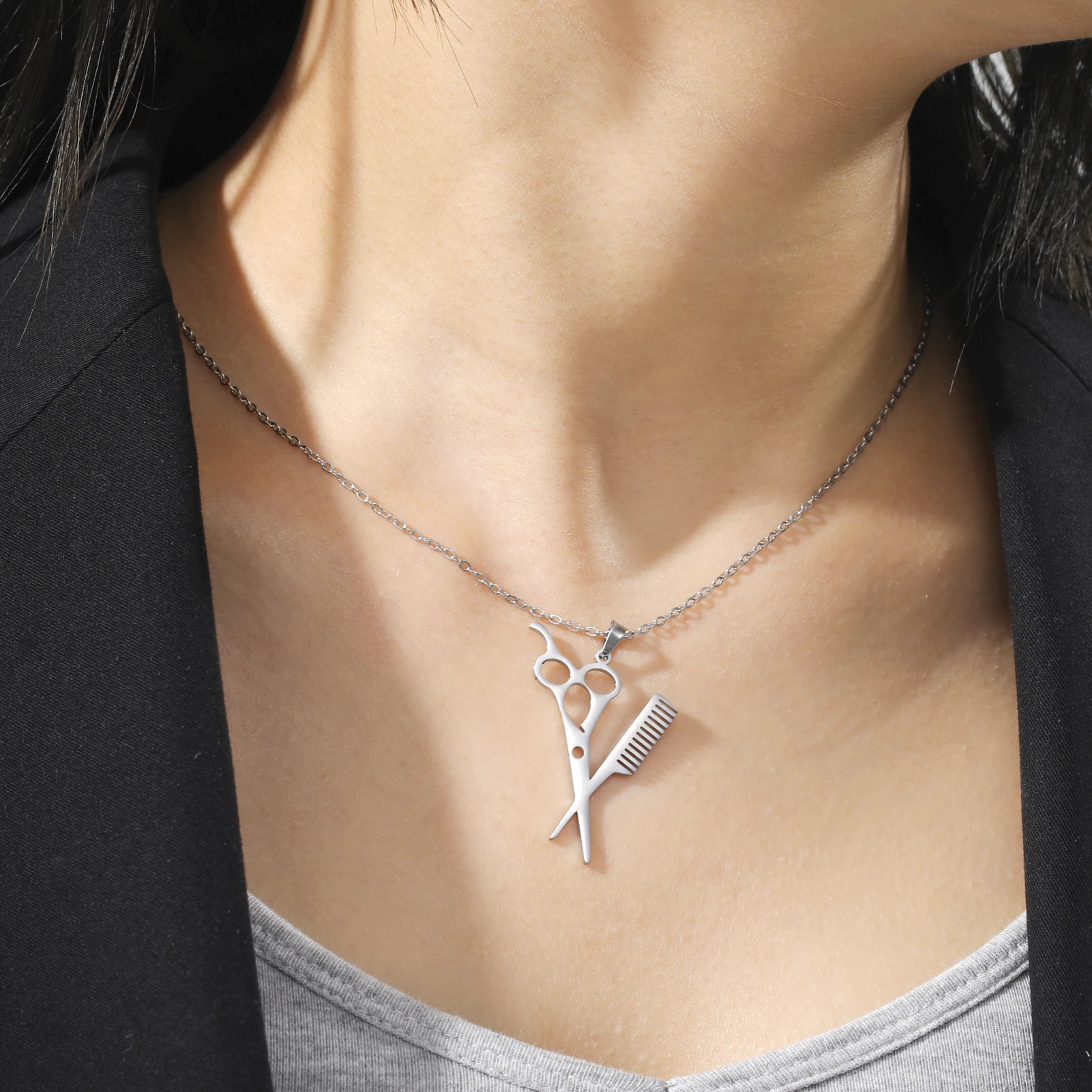 Unift Comb Scissor Necklace with Heart Stainless Steel Neck Chain 