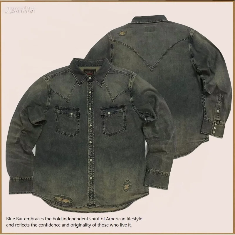 

American Sle Vintage Blue Jeans irt Worn out Long Sve Cotton Breathable Youth Thiened Autumn Spring Vintage Sle