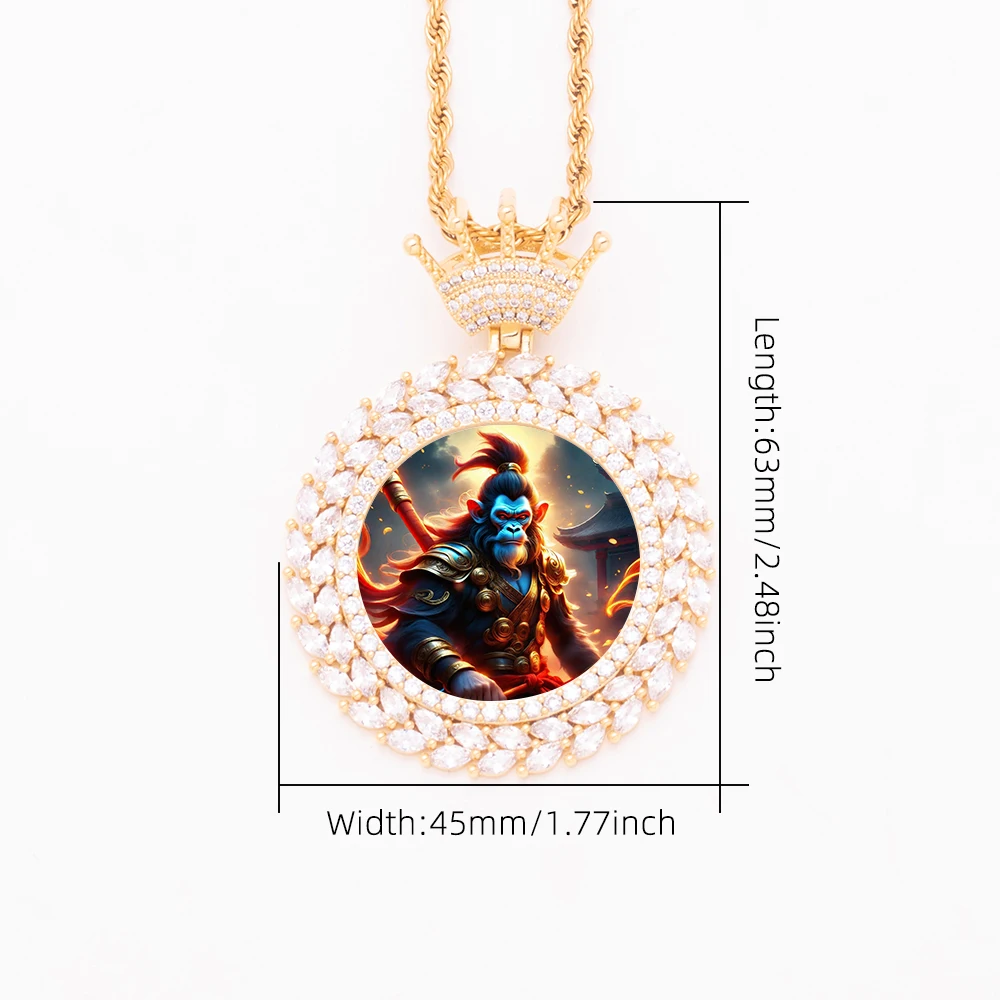 Hip Hop Brass Gold Plated Leaf Round Photo Memory Frame Pendants Crown Hook Bling Iced Out Wukong Picture Charm Necklace Jewelry