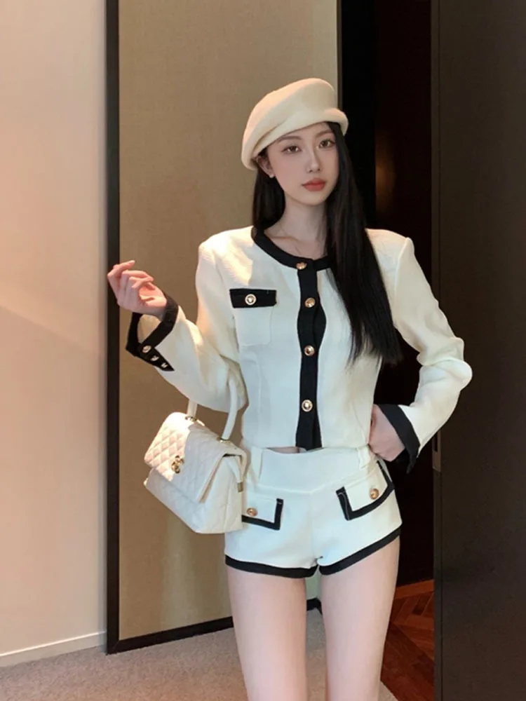 High Quality French Luxury Small Fragrant Tweed Two Piece Pant Set For Women Short Jacket Coat + Short Sets 2 Piece Pant Suits