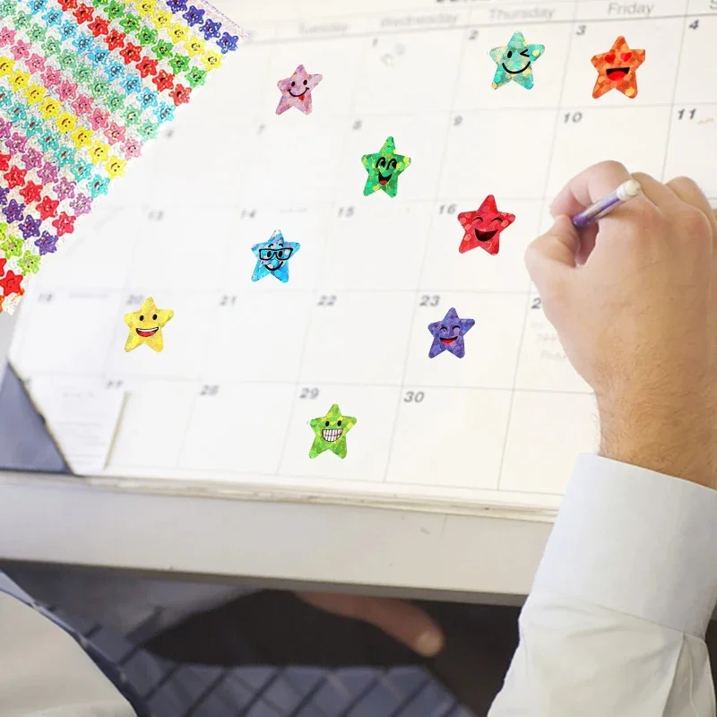 1500 Pcs Glitter Foil Small Star Stickers,15 Designs Happy Face Stickers for Student Reward image 3