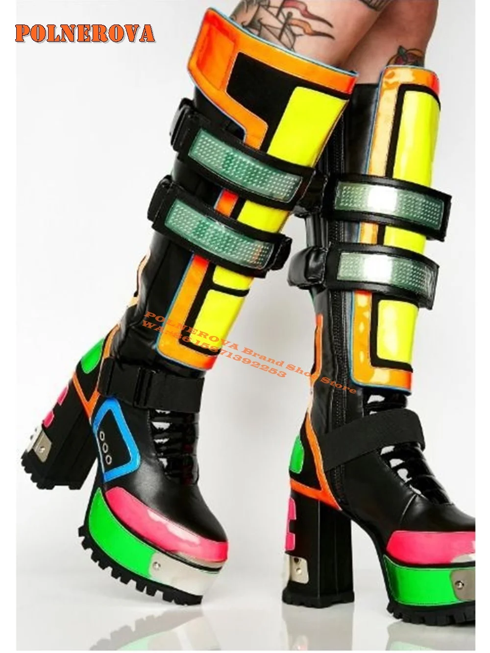 Color Block Platform Chunky Heel Motorcycle Boots Round Toe Height Increasing Buckle Strap Patchwork Knee High Boots 2024 Newest