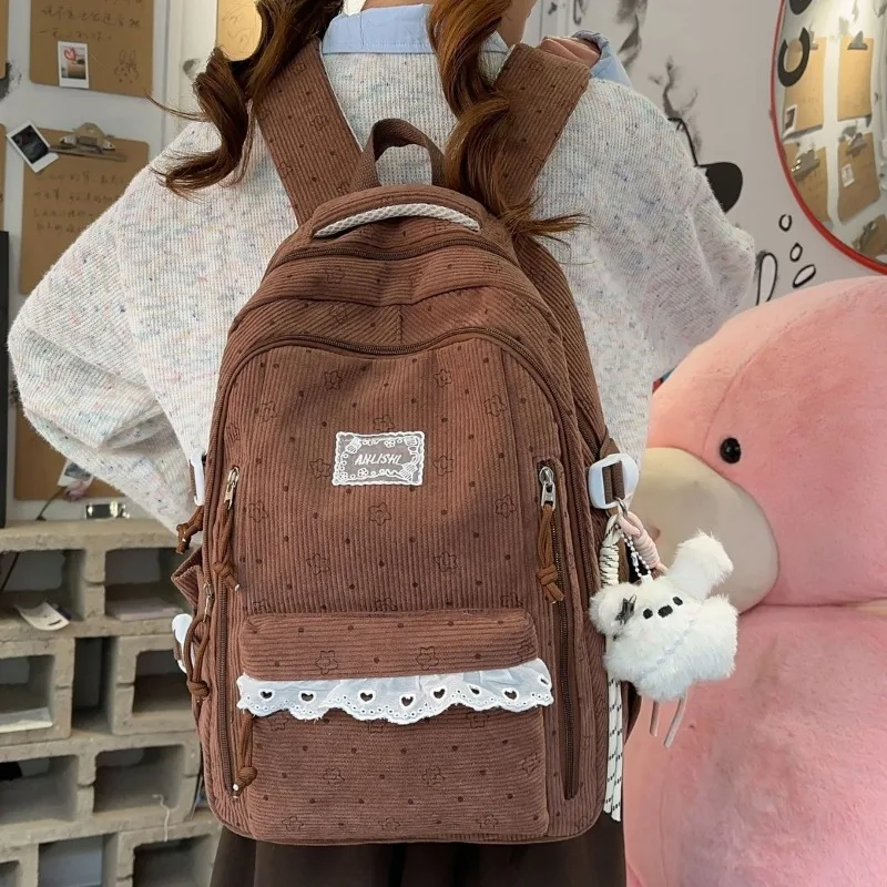 Corduroy Winter Backpack Korean Stars Print Lace Cute Rucksack Mori Girl Style Artistic Daypack Middle School Student School Bag