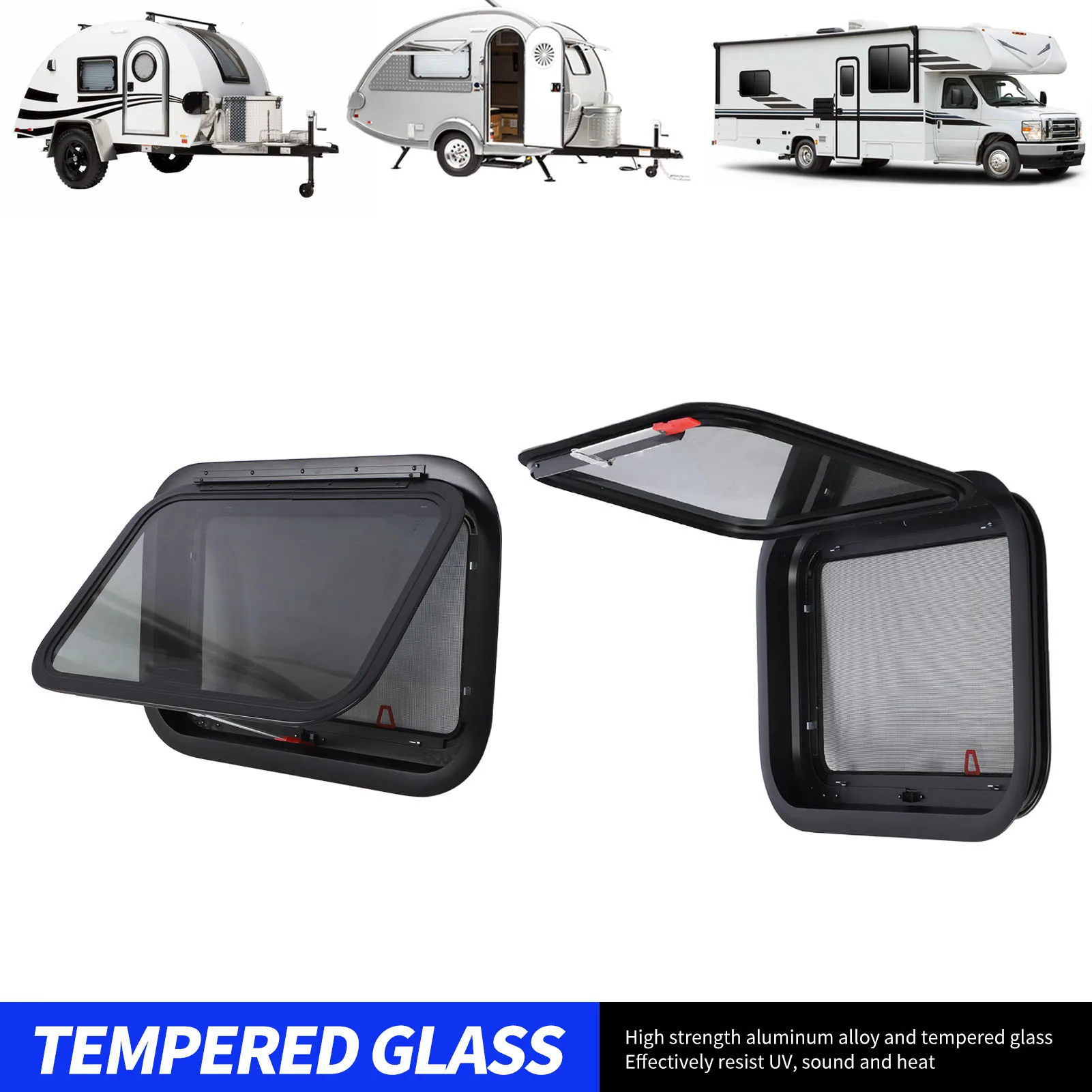 RV Exit Window 22.4x15.2 Inch Emergency External Push Out Window with Mesh Screen Support Rod for Caravan Camping Trailer Motorh