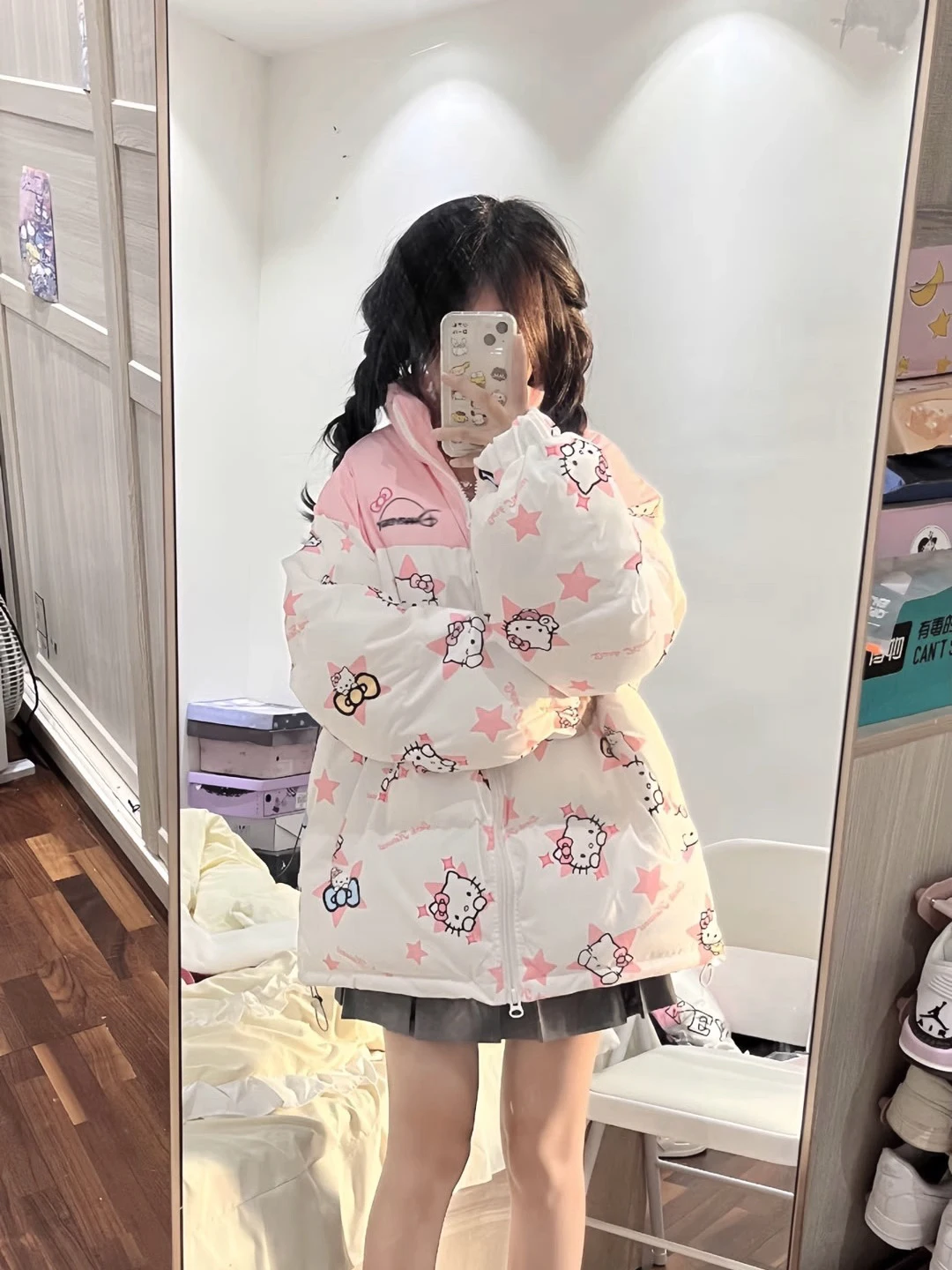 Hello Kitty Woman's Cotton-Padded Jacket Cute Full Print Color Blocked Coat Y2K Winter Jacket Bread Clothes Loose Cotton Clothes