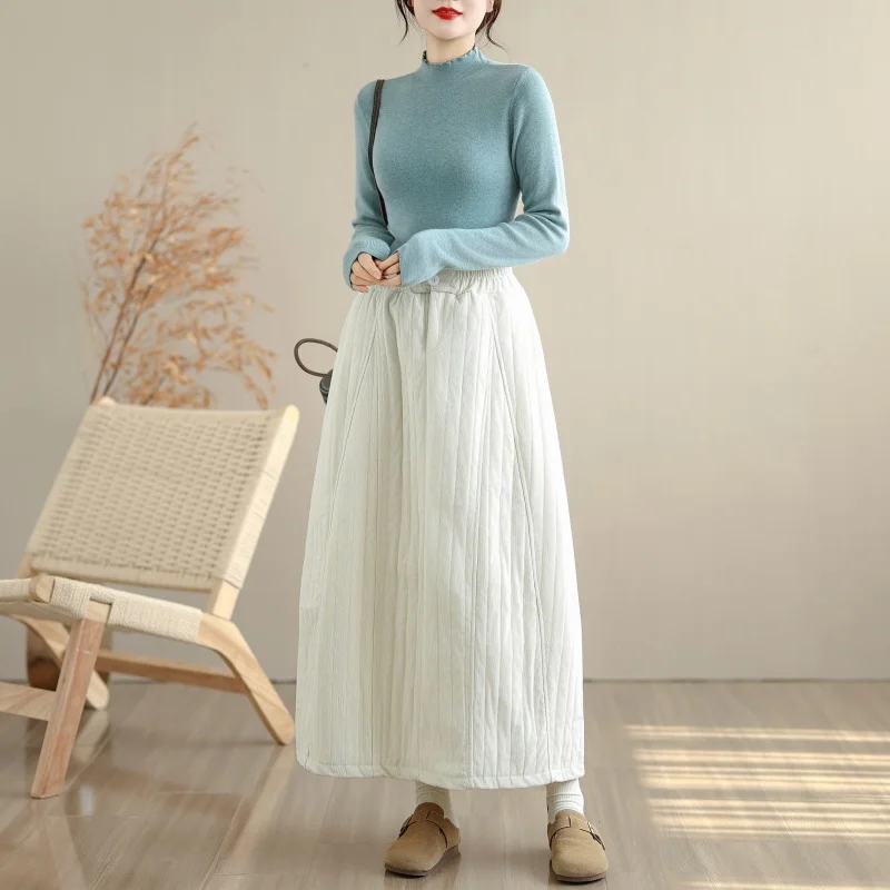 Winter Soft White Fluffy Cotton Half Skirt Women's Light Thin Long A-Line Skirt Literary Style Polyester Fiber Thickened Mid-...