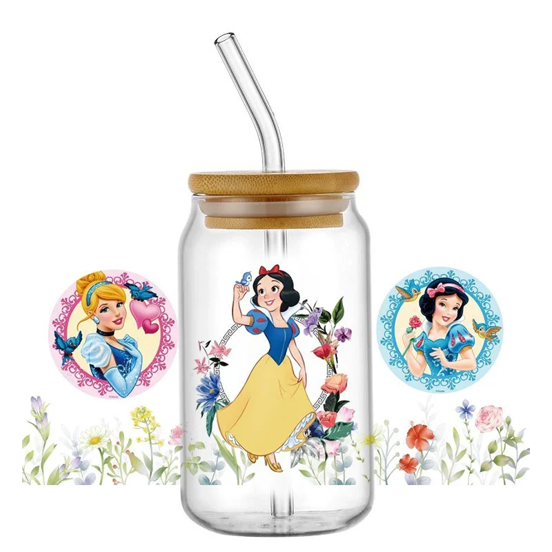 Miniso Disney Princess 16oz UV DTF Cup Wrap Cartoon Libbey Glass Beer Can Tumbler Transfer Sticker adesivo permanente impermeabile