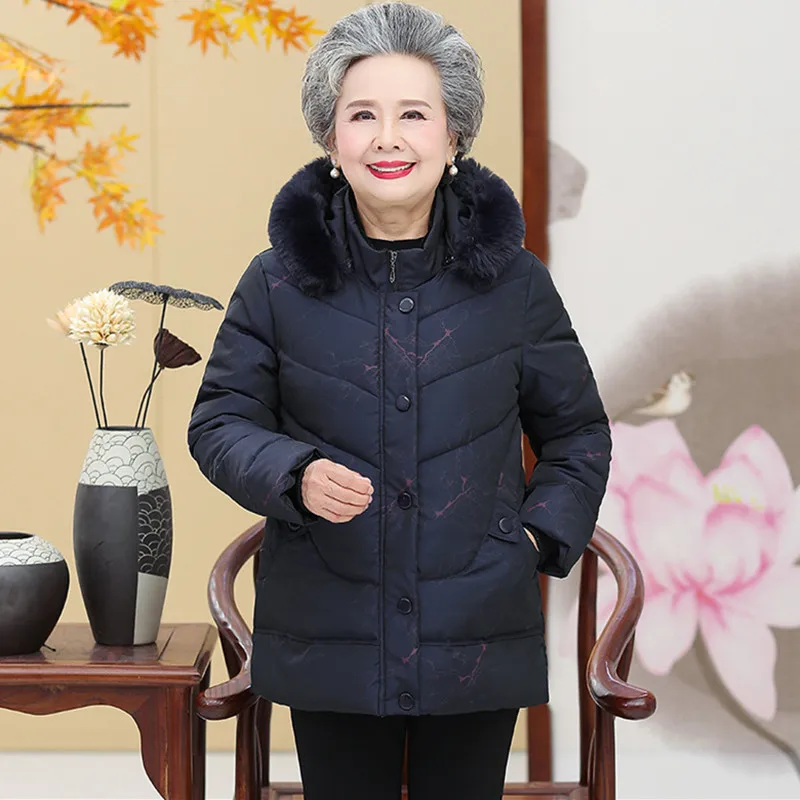 Middle Aged Mother Parkas Hooded Printed Cotton Padded Women Jacket Winter Thicken Warm Grandma Down-Cotton Coat куртка женская