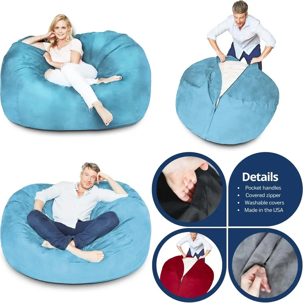 Lumaland Luxurious 5ft Large Bean Bag Chair with Microsuede Cover - Ultra Soft, Foam Filling, Washable Bean Bag Sofa for Kids, T