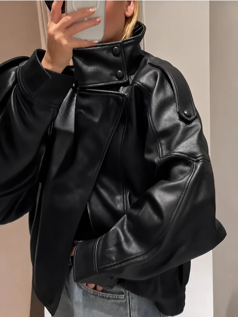 2026 Autumn Women's New Style Solid Color Long Sleeve Faux Leather Jacket, Biker Style, Unique and Fashionable, Eco-Friendly Imitation Leather