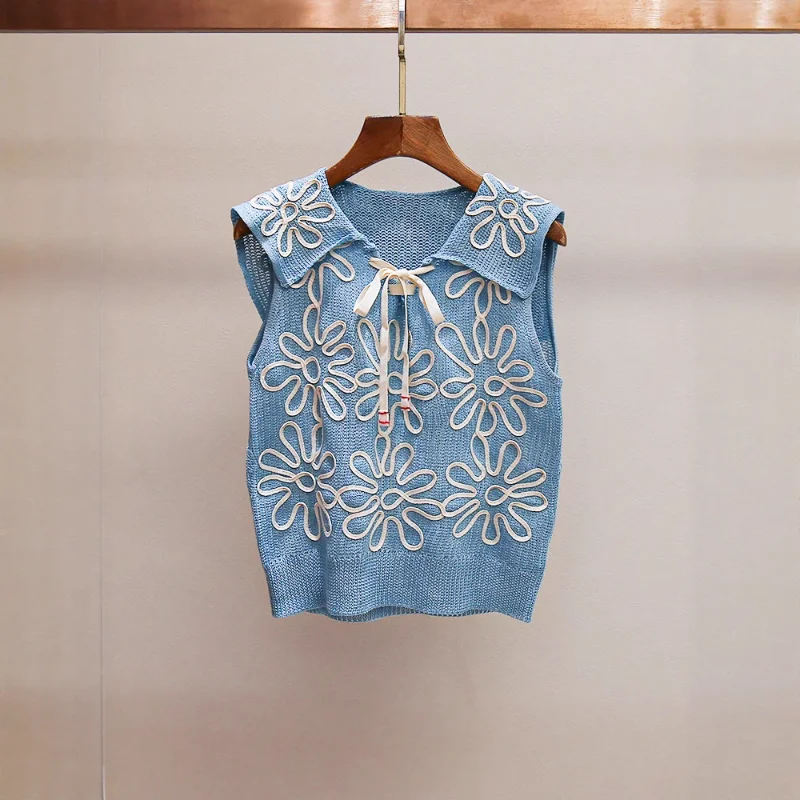 

Women Summer New French Casual Style Basic Bow Navy Collar Embroidered Blue Sleeveless Sweet Lady Vest Sweater