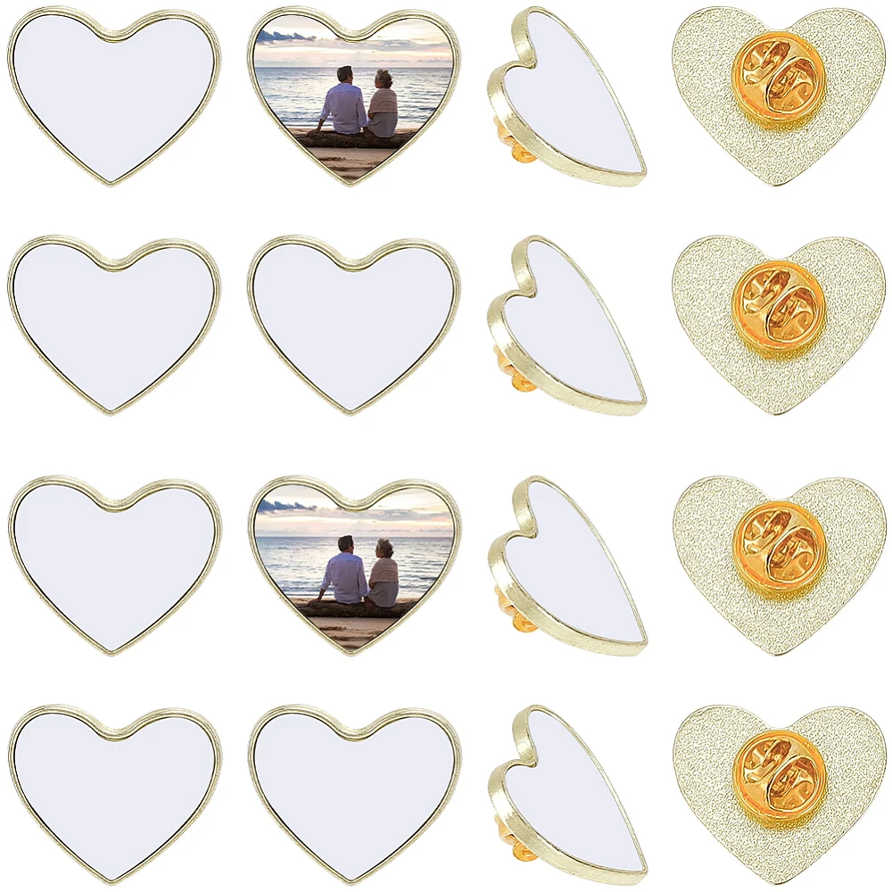 20 Sets Sublimation Heart Blanks Sublimation Pins Bulk Valentines Day Small Gold Alloy Brooch Base with Pins Back Transfer